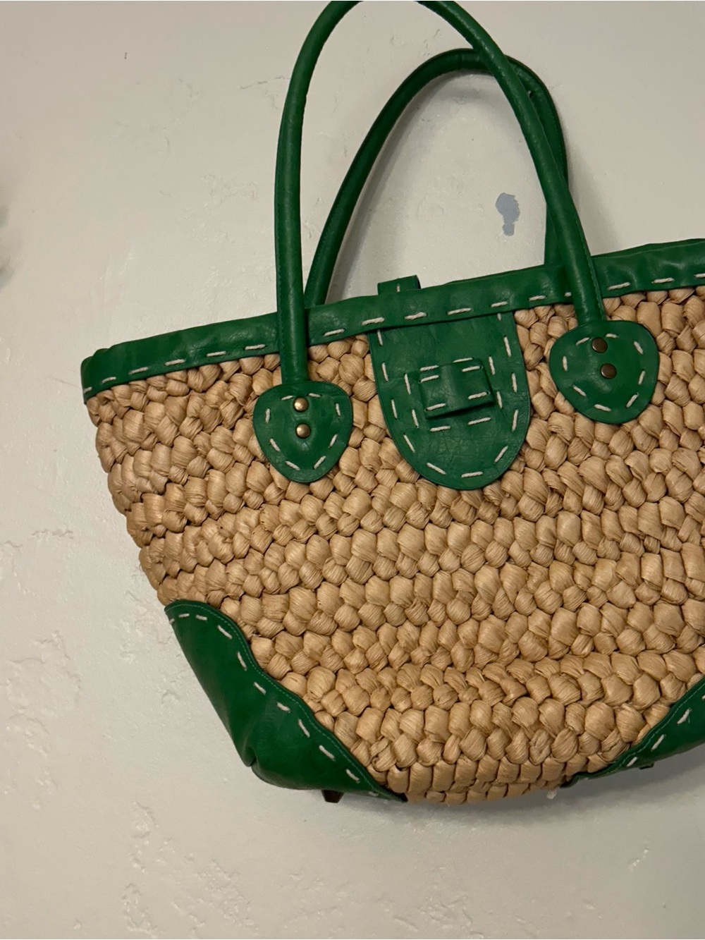 Straw Studios Natural Straw Satchel with Green Trim